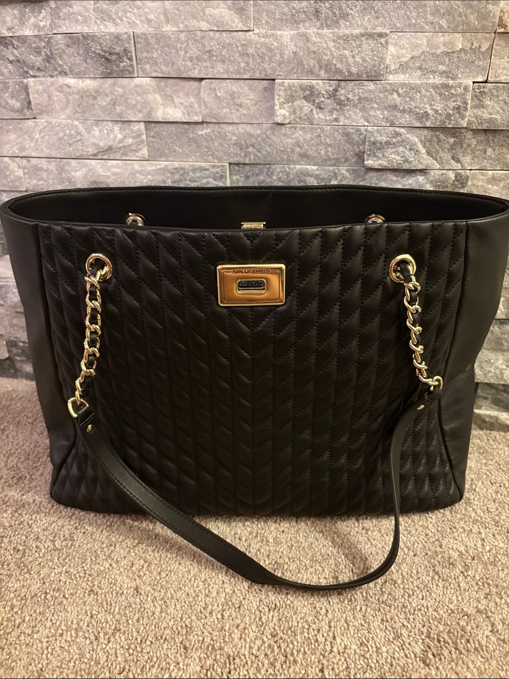 Karl Lagerfeld Black Quilted Shoulder Tote with Gold Chain Straps